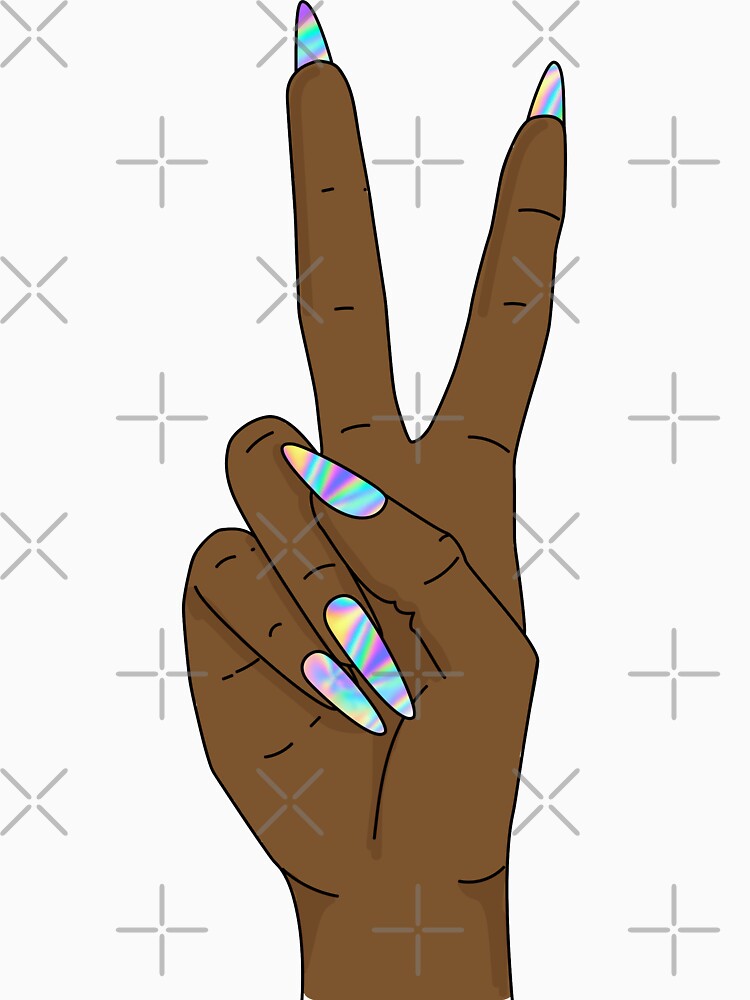 Peace sign hand with holograph nails by savanamms6
