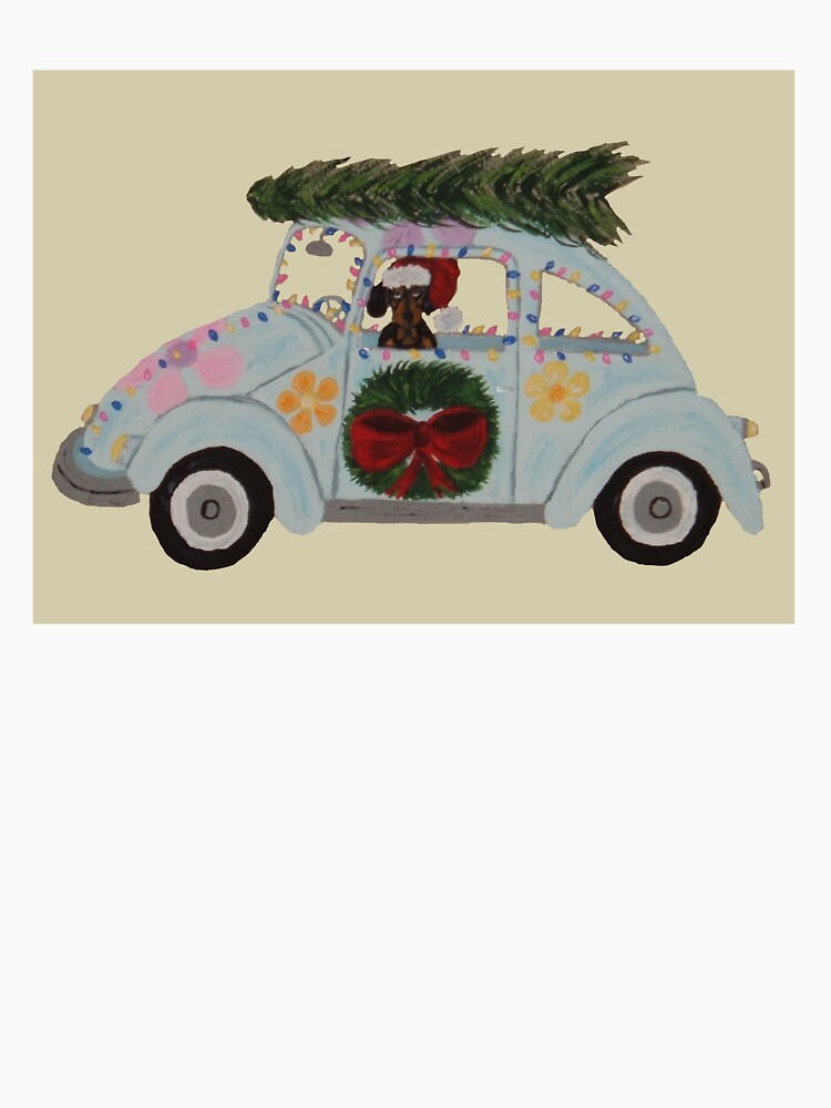 Black and Tan Dachshund in Hippie Car at Christmas by Squirreldumplings