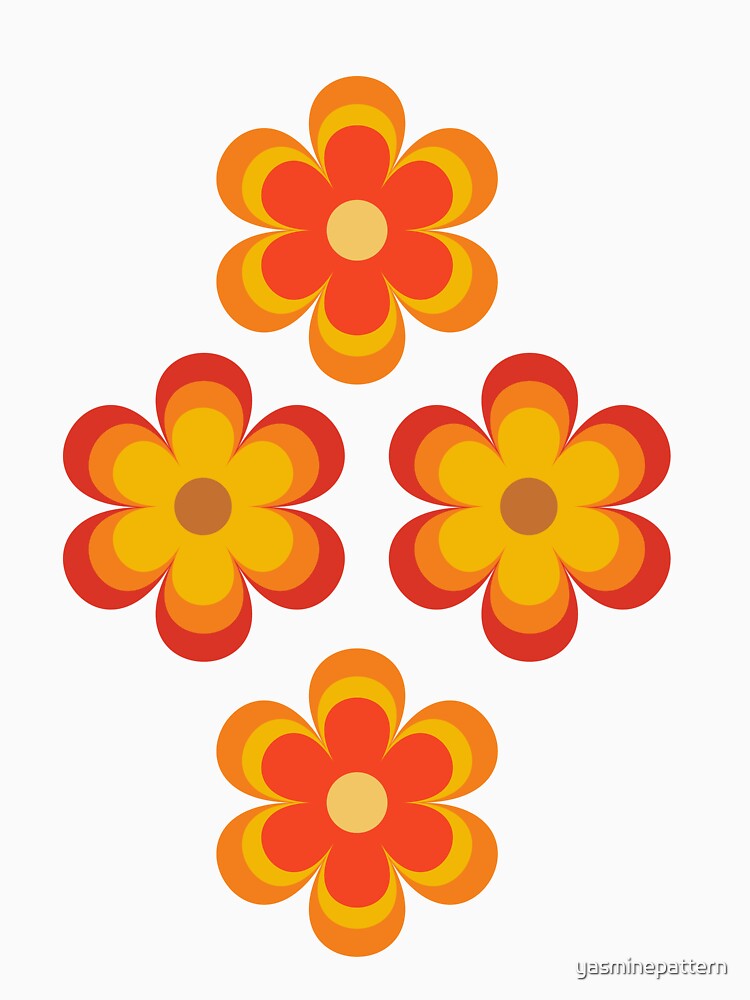Groovy retro 60s 70s boho hippie orange and red flowers pattern by Yasminepatterns