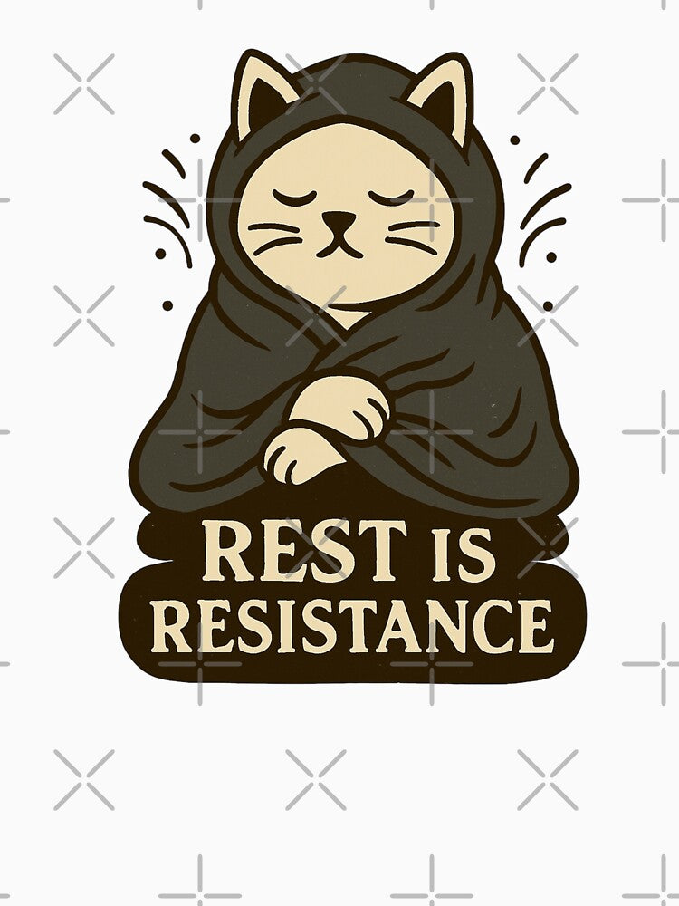 Rest Is Resistance – Minimalist Cat Wrapped in Blanket by Lacritsa