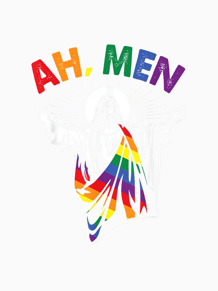 Ah Men Funny LGBT Gay Pride Jesus Rainbow Flag Christian Short Sleeve by LisaMCasares