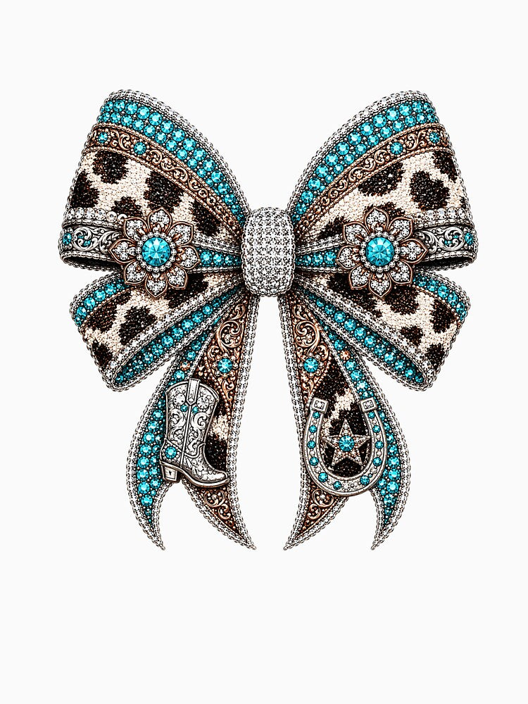 Western Cowgirl Bow Rhinestone Mosaic | Turquoise Crystal Cowgirl Bow | Country Western Gemstone Bow Design | Luxury Rodeo Glam Graphic by ColorSplash123