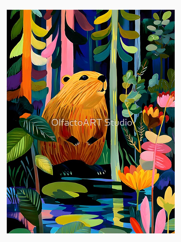 Step into a Whimsical Forest with a Cheerful Beaver Among Multicolored Trees by OlfactoART Studio