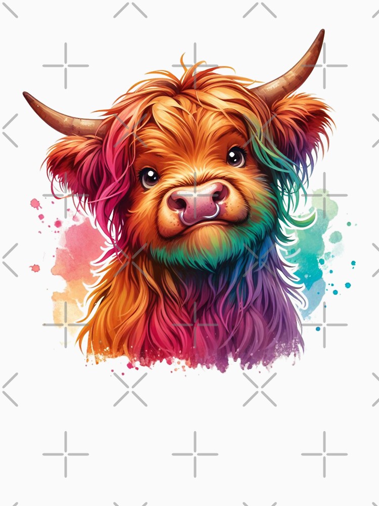 Cute Scottish Baby Highland Cow Calf Colorful Watercolor by MaedK