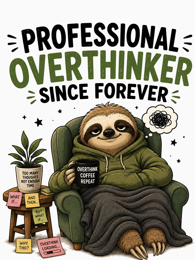 Professional Overthinker Since Forever – Funny Cute Sloth Cartoon Design by Kiinaaa