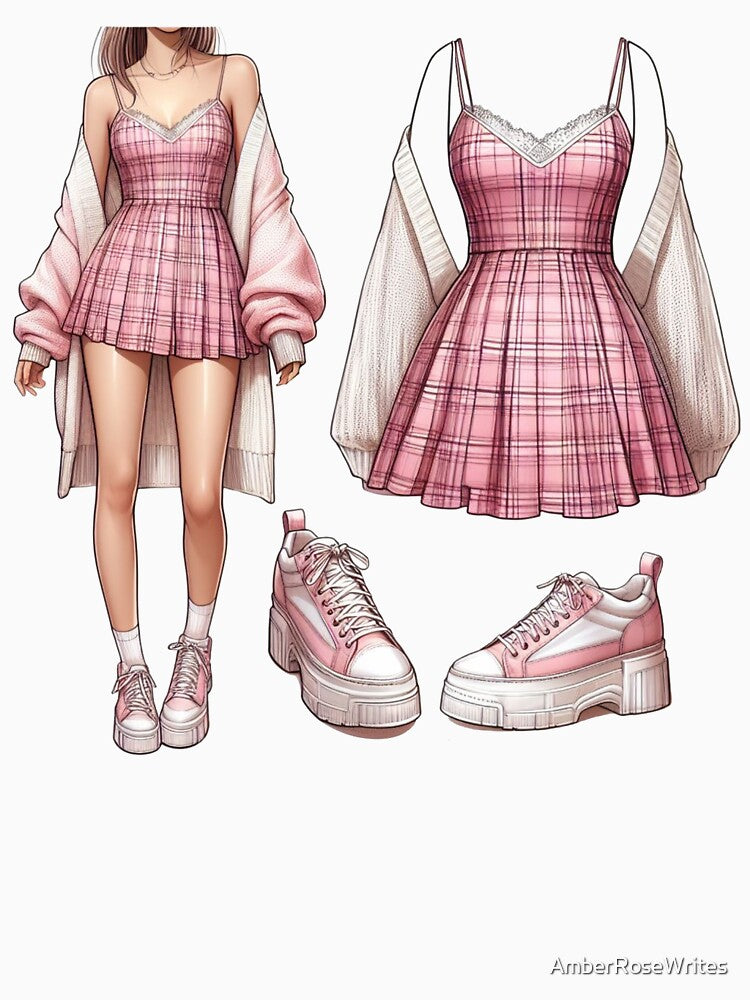 Pink Plaid Sundress - Oversized Cardigan - Y2K Fashion Drawing by AmberRoseWrites