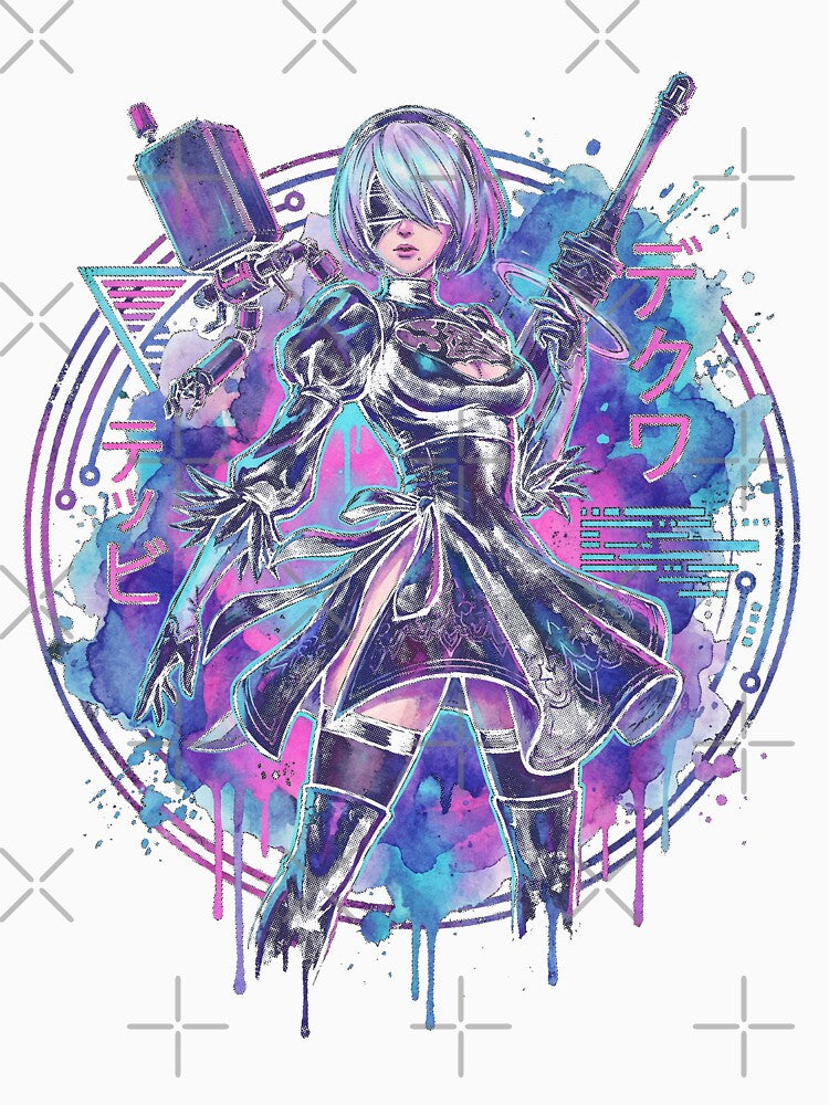 NieR Automata 2B Vaporwave Glitch Palm Sunset Neon Grid Art by Senpaiwaves