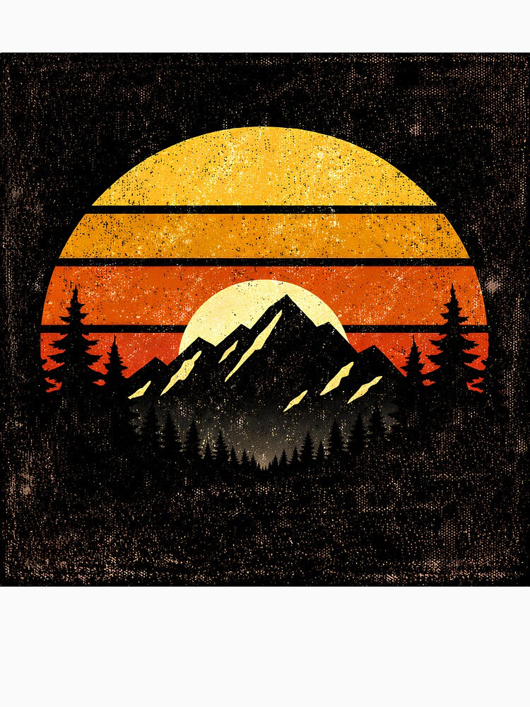 Retro 70s Sunset Mountain Sticker – Vintage Silhouette with Pine Trees & Distressed Texture by The-Library