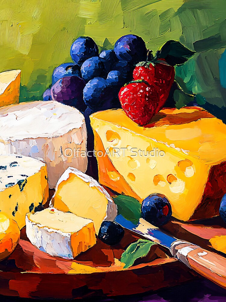 A Colorful Cheese Platter with Grapes and Strawberries Celebrating Freshness and Visual Delight by OlfactoART Studio