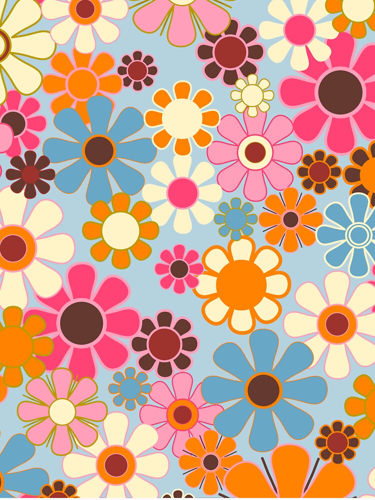 Cheerful Floral Retro Garden 60s 70s Pattern in Ice Blue Orange Pink by kierkegaard