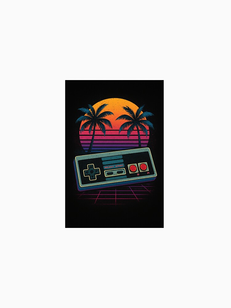 “retro gaming controller with 80s sunset background, neon colors, palm trees, vaporwave style, vintage design, distressed texture, t-shirt graphic, high resolution” by piyushpr7