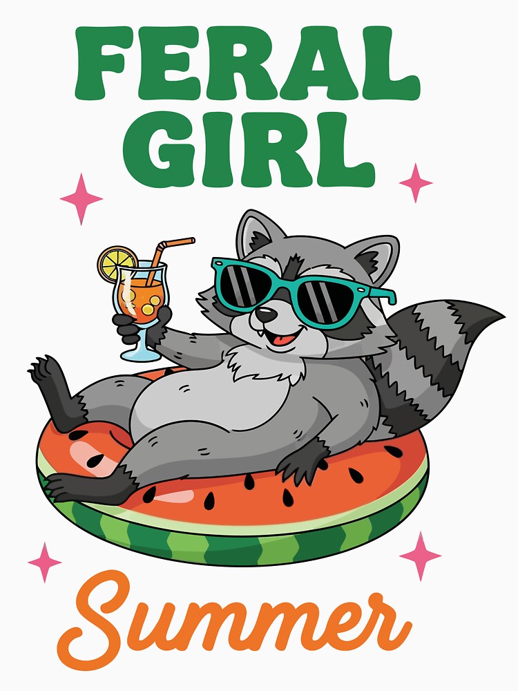 Feral Girl Summer – Raccoon on Watermelon Float Cartoon Design by NancyEstrada