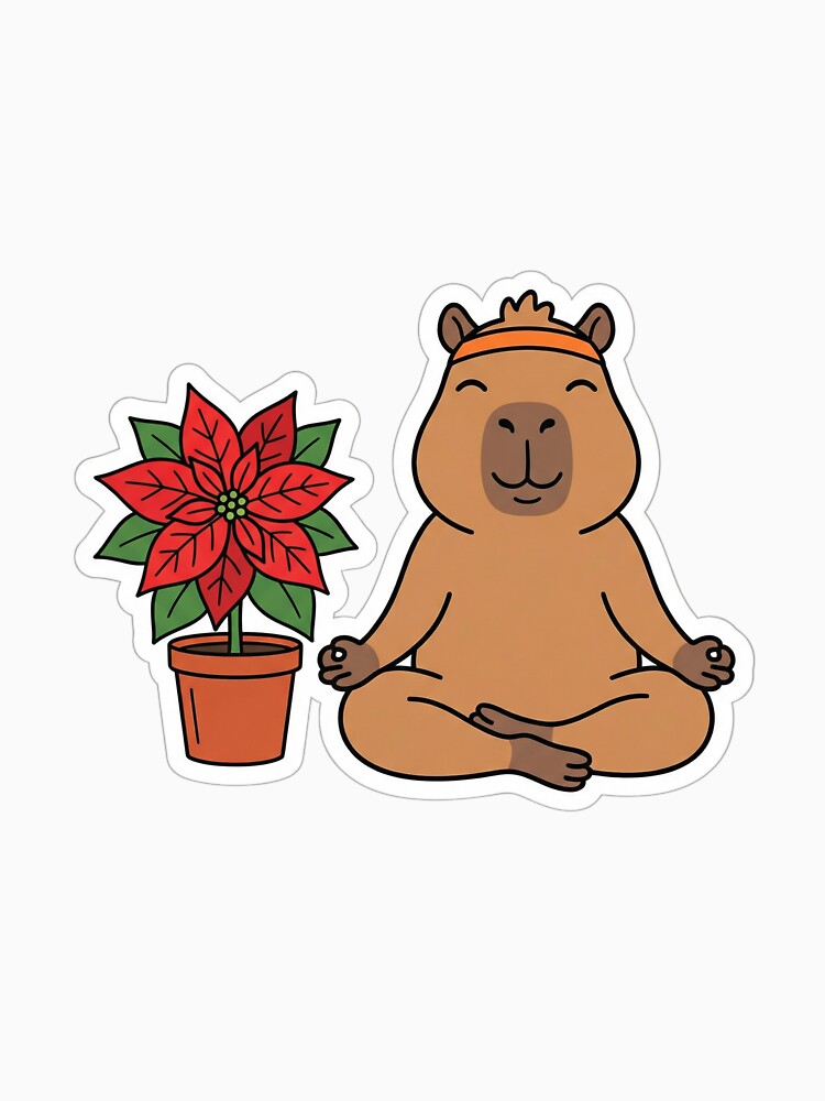 Christmas Capybara Yoga Meditation Poinsettia Zen Holiday by ArtByYunus