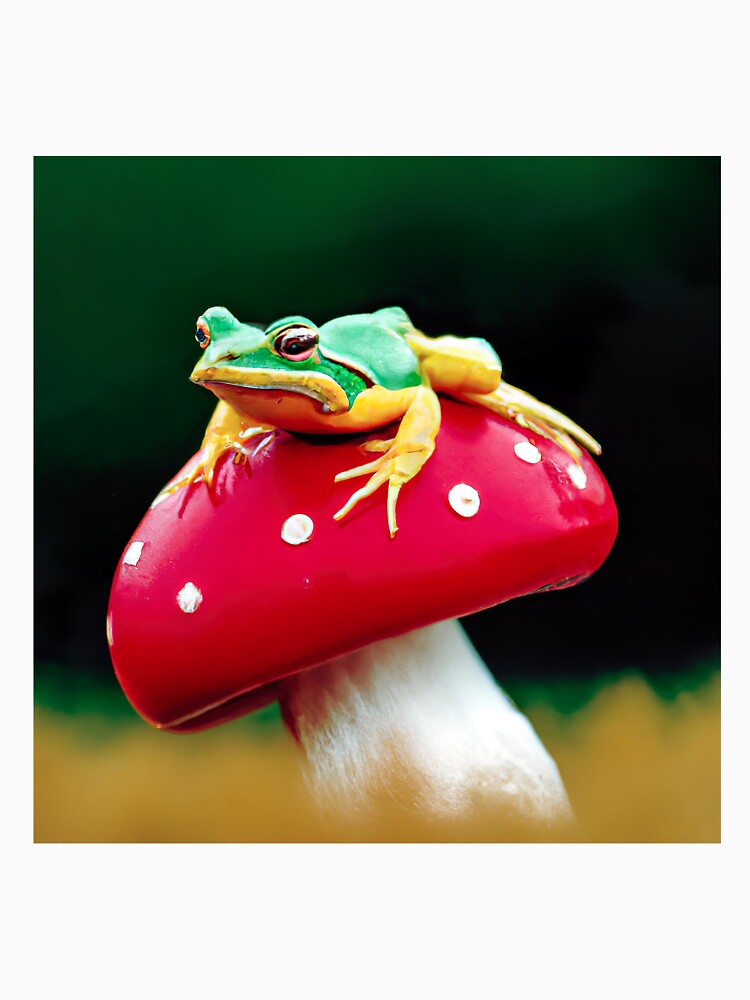 Green Tree Frog Sitting On An Amanita Muscaria Mushroom - Santa Claus Mushroom Psychedelic by AlanPhotoArt