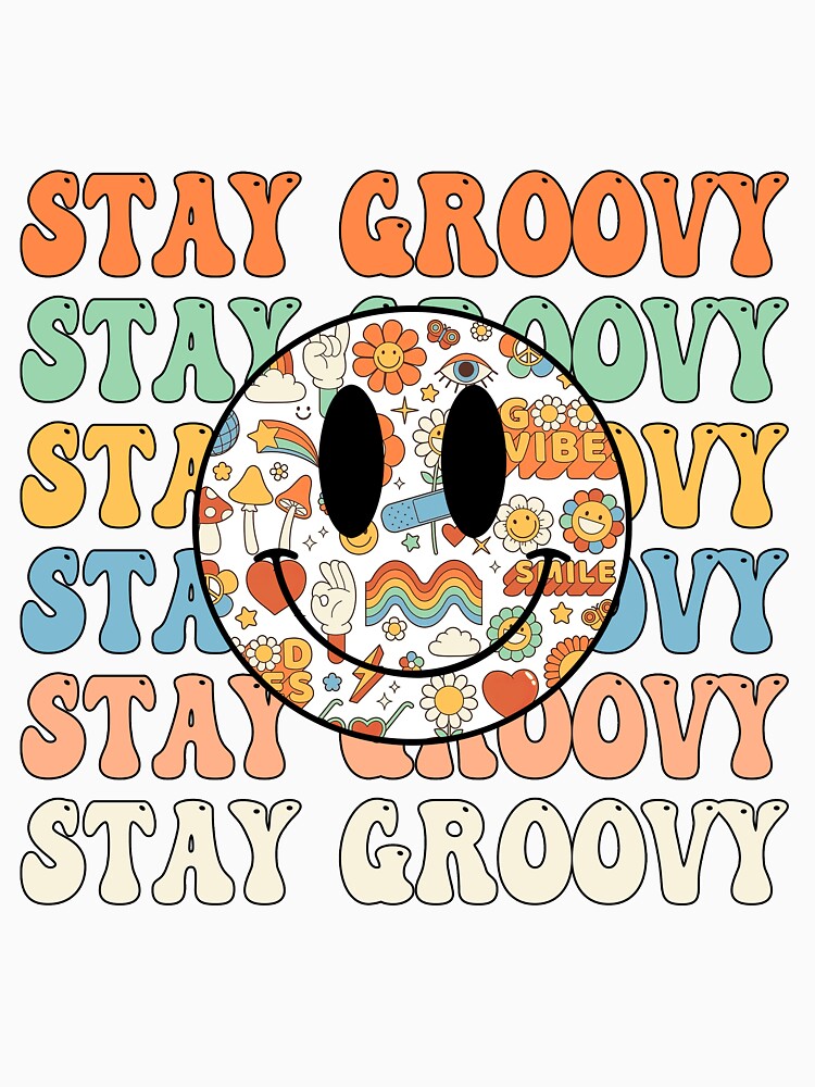 Smile Stay Groovy Retro Colorful Block Letter Floral Design by redbubbleart18