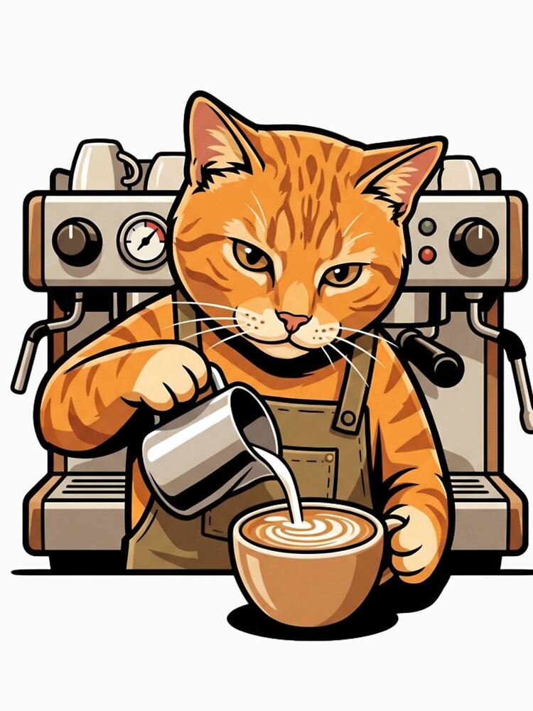 Kawaii Orange Cat Barista Making Latte Art - Coffee Neko by HappySproutArt