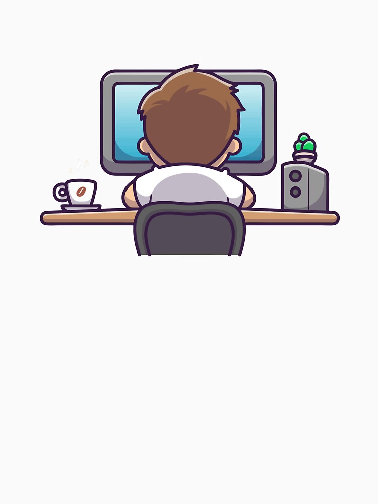 Gamer Boy Working at Desk with Coffee and Computer by shalbmv