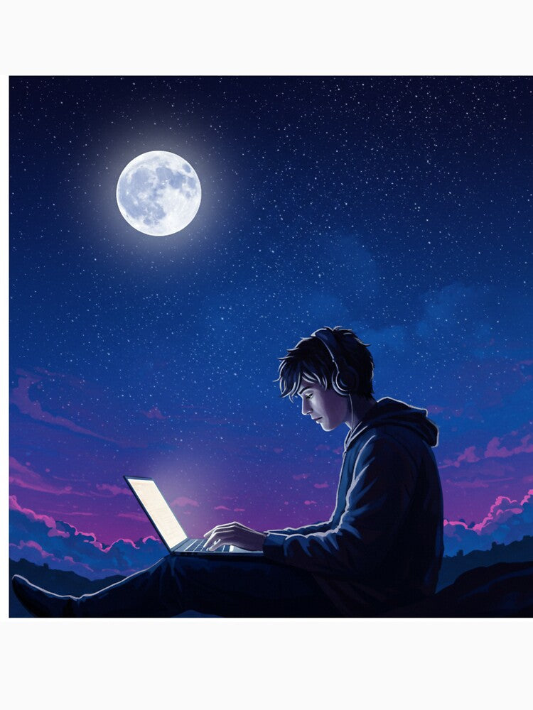 Night Owl Remote Worker – Dreamy Digital Painting Wall Art Poster by BoldPrints4