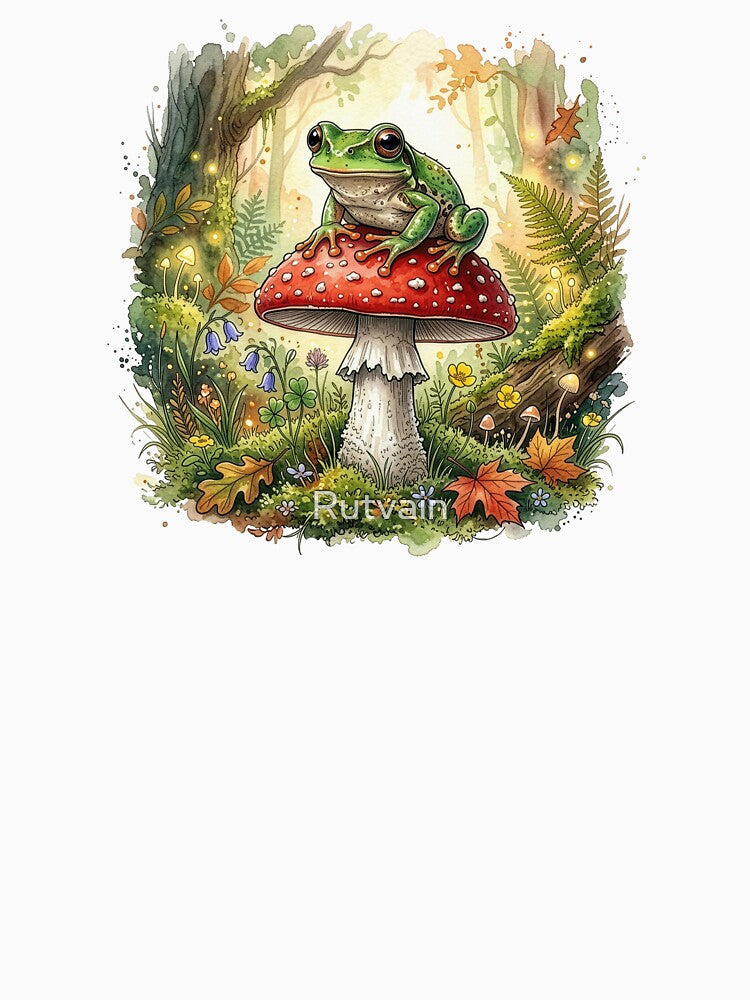 Cute Frog Mushroom Forest Illustration by Rutvain