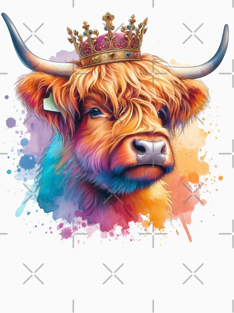 Scottish Highland Cow Wearing a Royal Crown Colorful Watercolor by MaedK