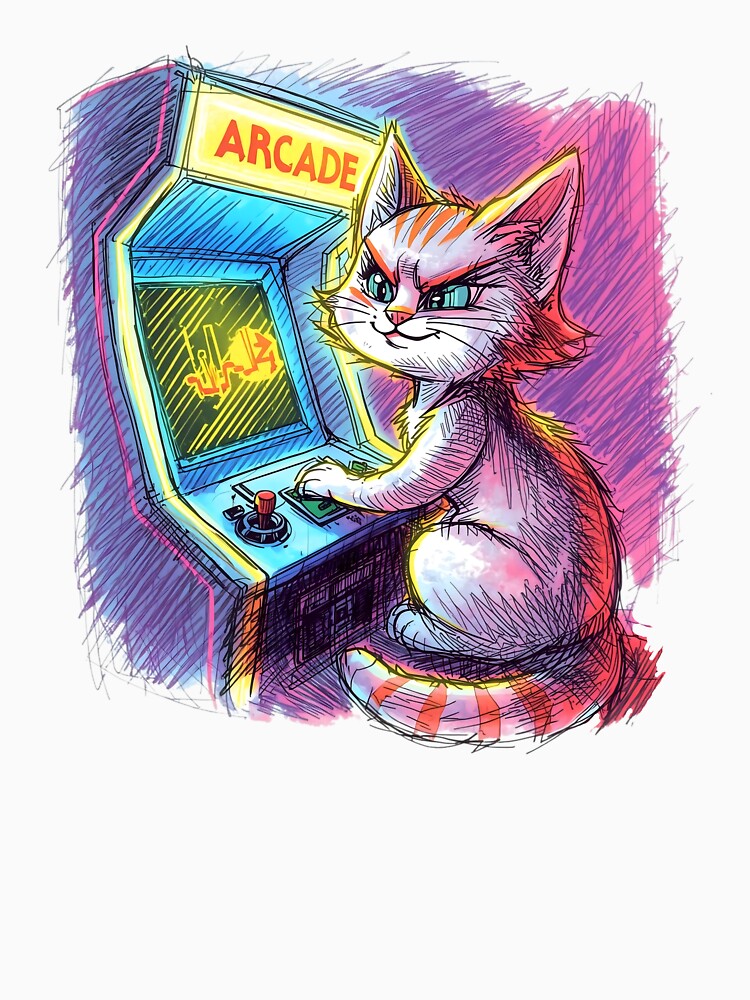 Retro Arcade Gamer Cat | Neon Sketch Style Illustration by SoulenCify