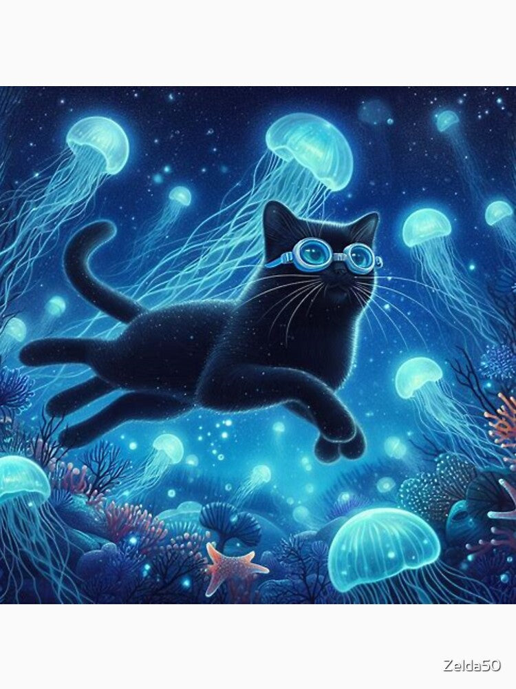 jellyfish on the ocean floor with curious black cat by Zelda50