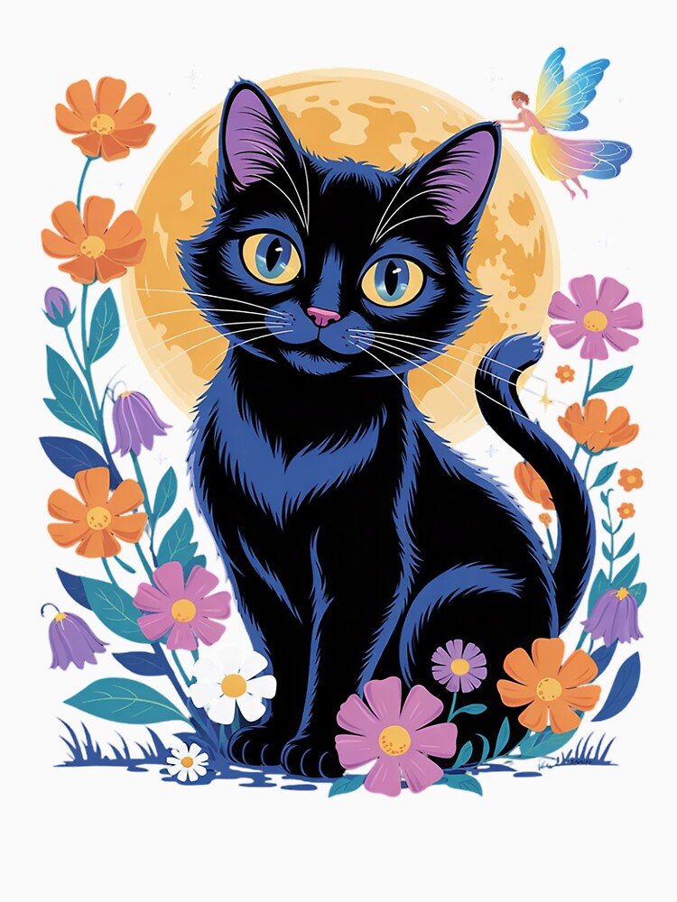 Kitten Moon Wildflowers Tee Fairycore Whimsical Floral Cat by MyzoToyota