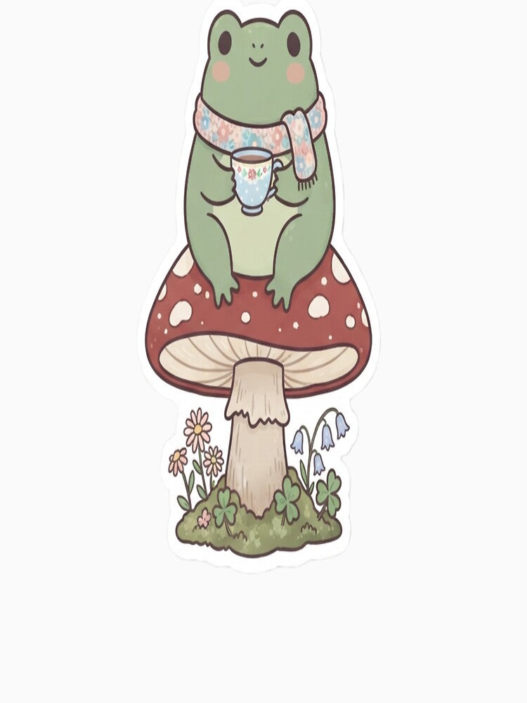 Cute Frog Drinking Tea on a Mushroom | Kawaii Frog Sticker by AdityaShop18