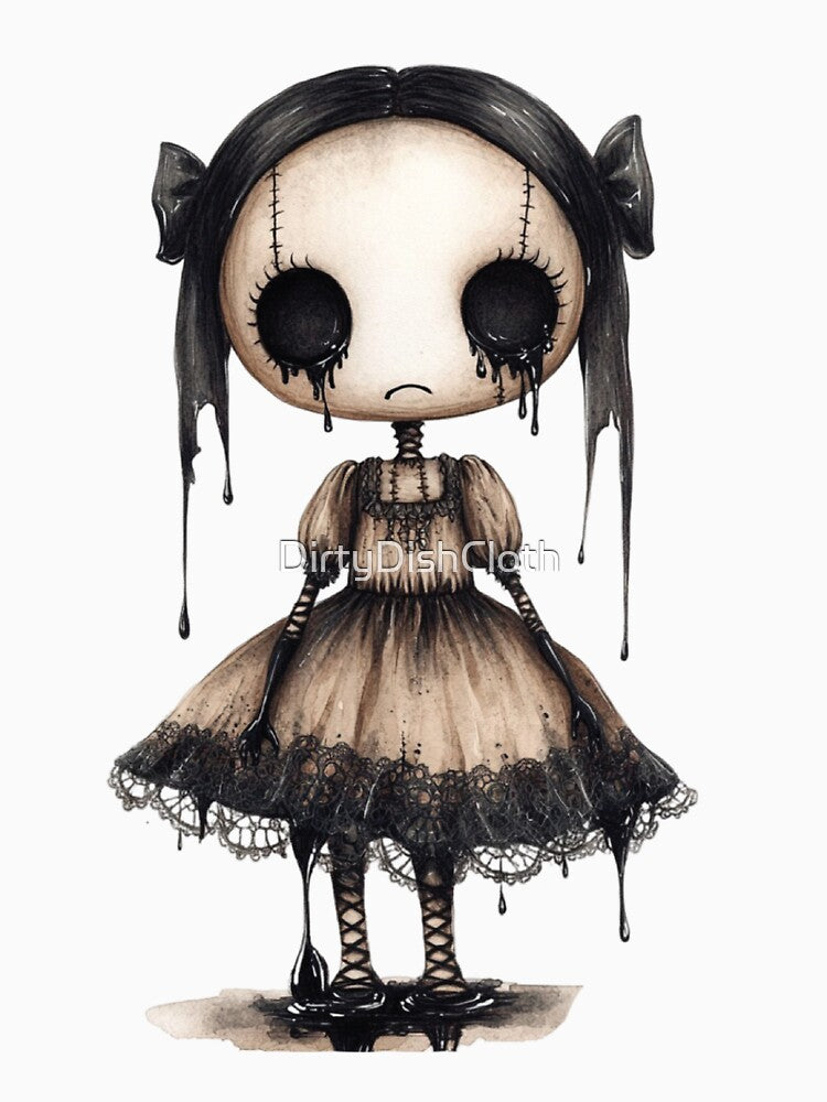 Creepy Cute Doll – Gothic Horror Art with Dripping Black Tears by DirtyDishCloth