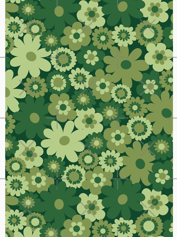 Green 60s retro flower power, retro green, pink, mustard yellow, 60s groovy pattern, hippie flowers by blomastudios