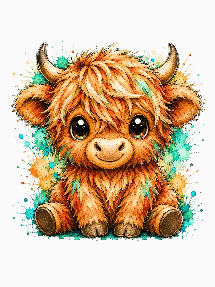 Kawaii Highland Cow Watercolor Art – Cute Farm Animal Illustration by ColorSplash123