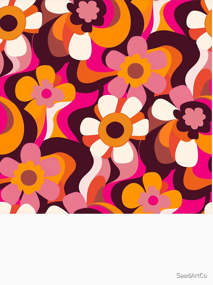 Retro 70s Floral Pattern – Groovy Orange, Pink & Brown Vintage Design by SaadArtCo