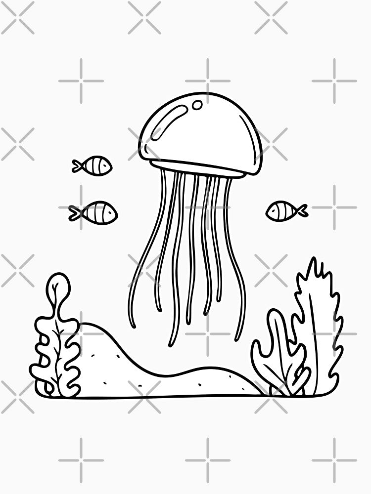 A jellyfish drifting near a coral reef, with small fish swimming around it by rasagamastore
