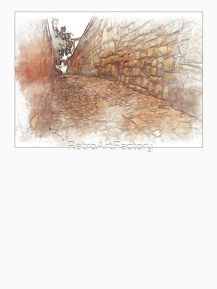 Cobble Street - Cusco, Peru - Drawing and Wash Watercolor Rendering by Retro Art Factory