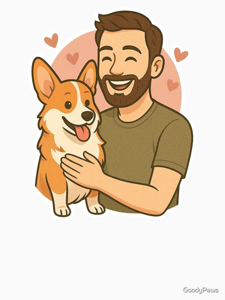 Loyal & Low: Man & Pembroke Welsh Corgi Cartoon by GoodyPaws