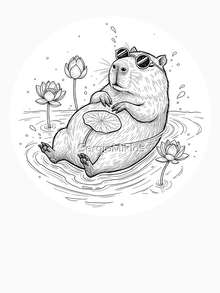 Chill Capybara Float Sticker | Relaxing Water Animal Art | Black & White Lotus Pond Vibe by SergioMiklos