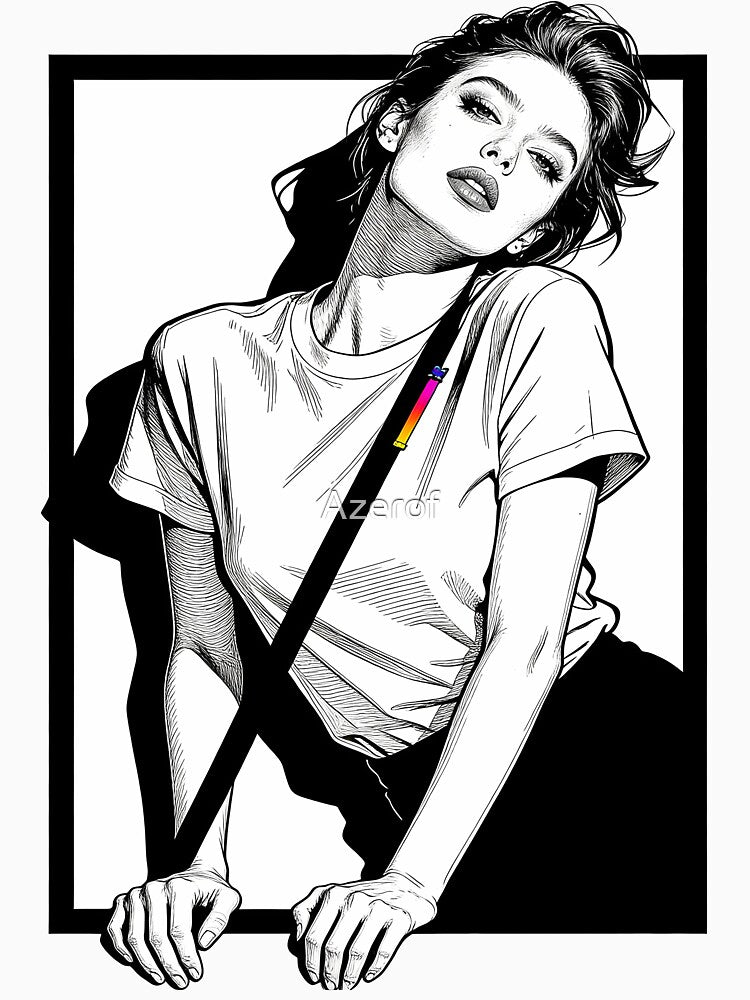 Edgy Black & White Girl Line Art with Rainbow Gradient Strap by Azerof