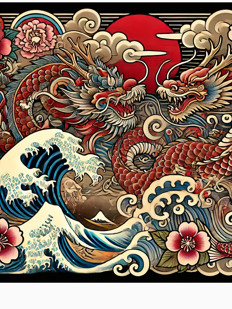 Traditional Japanese Irezumi Tattoo Design - Dragons & Waves by SakuraJapanArt