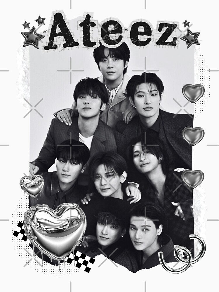 Ateez Kpop Boy Group Black and White Collage Design by AJUNICE STUDIO