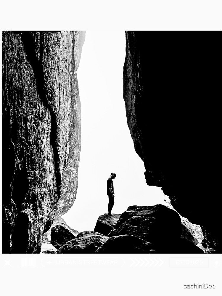 Urban Streetwear – Black and White Minimalist Rock Silhouette Design by sachiniDee