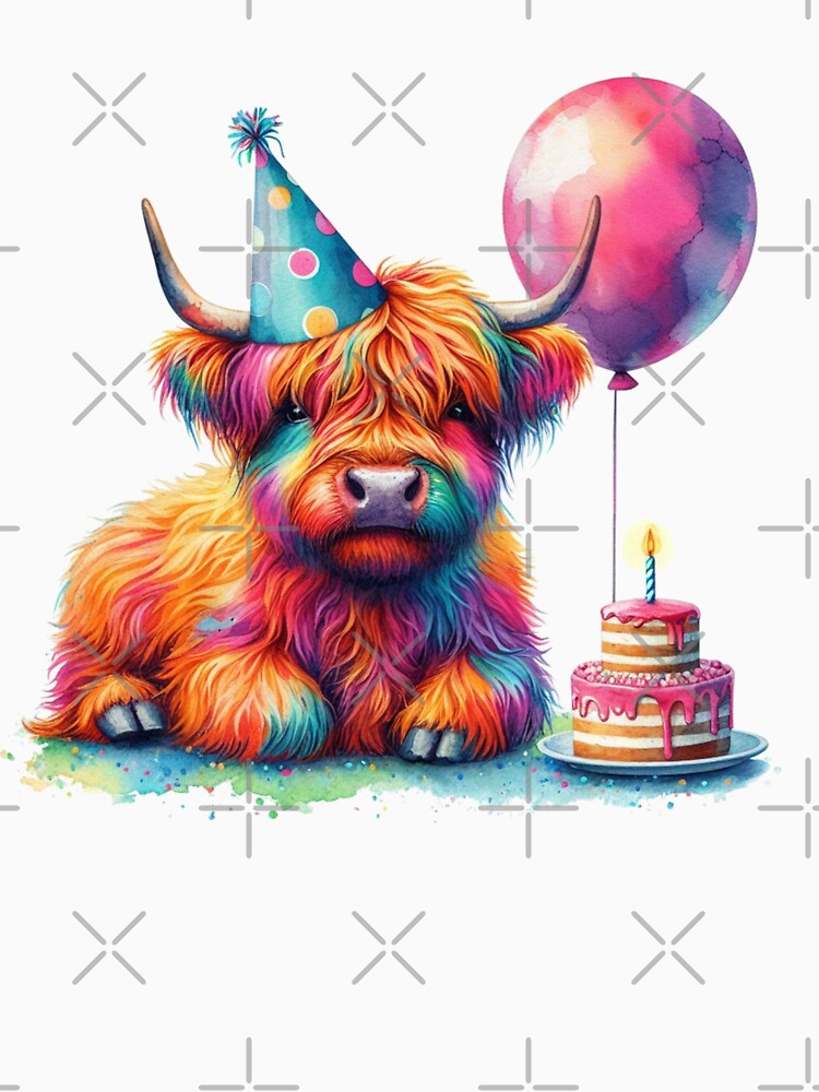 Scottish Highland Cow Calf Celebrating a Happy Birthday Colorful Watercolor by MaedK