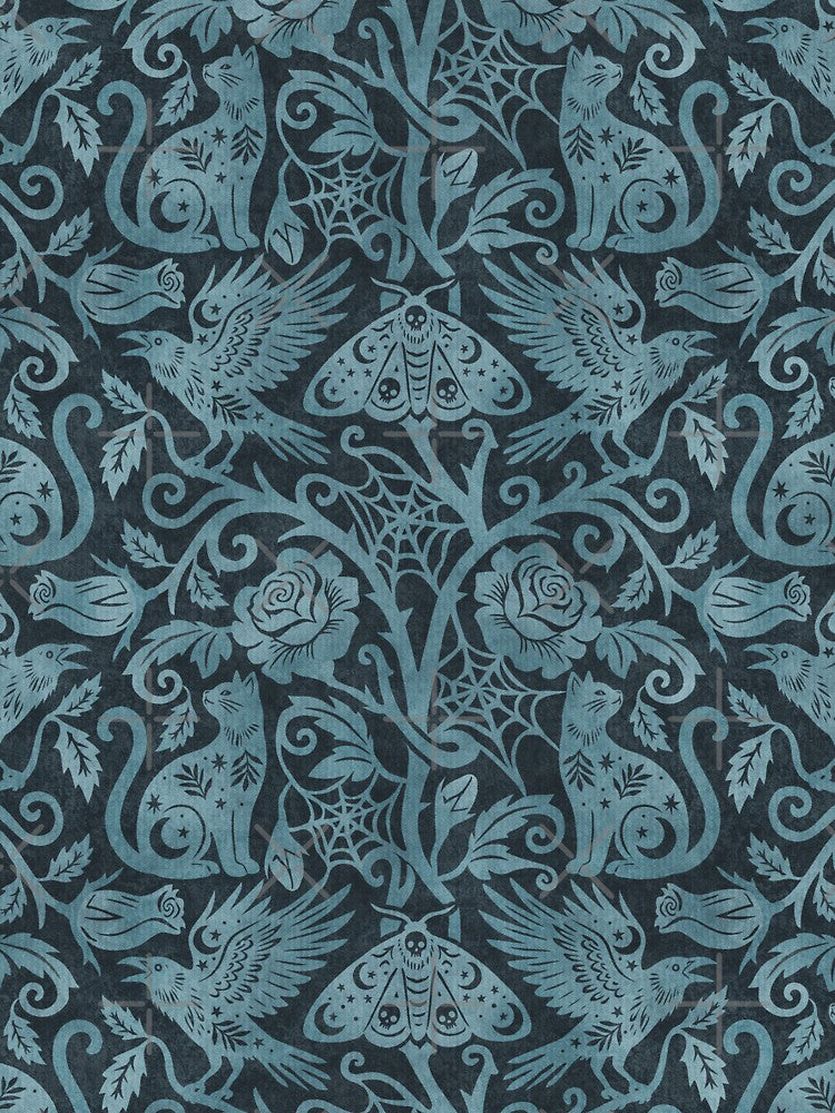 Ornate Gothic Cats Ravens Moths And Roses In Dark Blue On Charcoal by EliveraDesigns