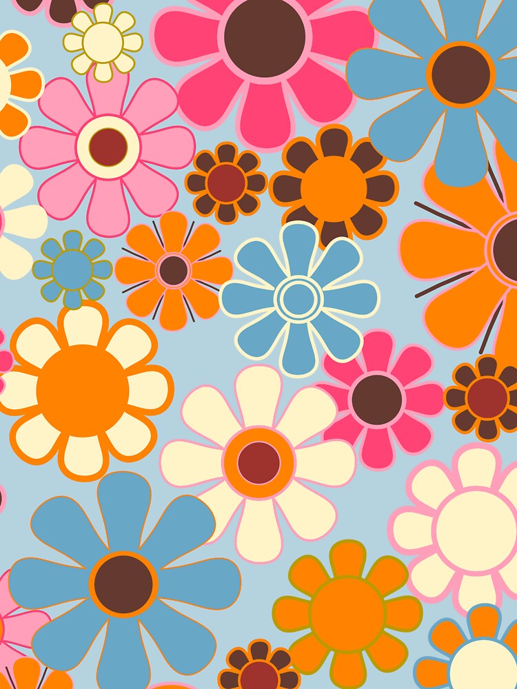 Cheerful Floral Retro Garden 60s 70s Pattern in Ice Blue Orange Pink 2 by kierkegaard