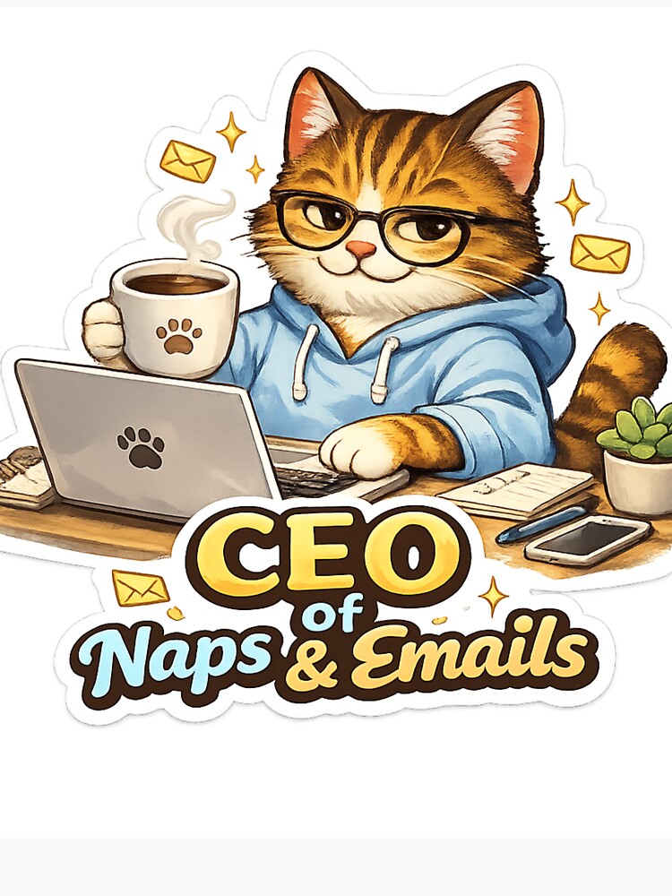CEO of Naps & Emails – Work From Home Cat Boss Funny Sticker by VibeVauilt