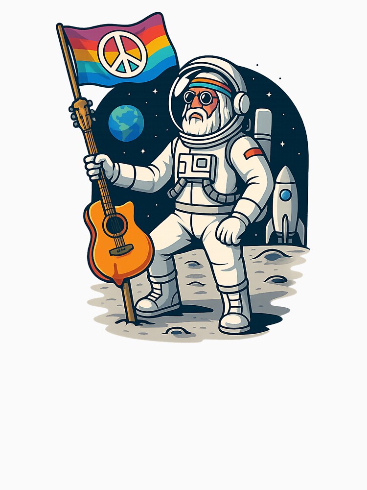 Elderly White Hippie Astronaut – Moon Peace Flag Guitar Design by Lunaria Arts