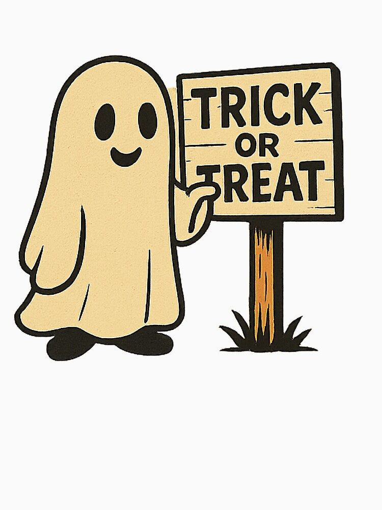 Retro Trick or Treat Ghost Graphic – Vintage Halloween Cartoon Clipart for Stickers, T-Shirts & Crafts by HAFIZ-DP