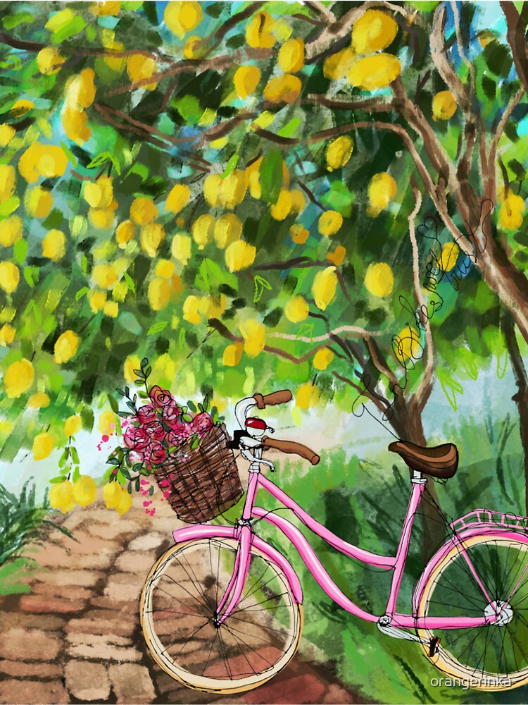 In pink bikes we trust #2 - bicycle in lemon garden line art sketch by orangerinka
