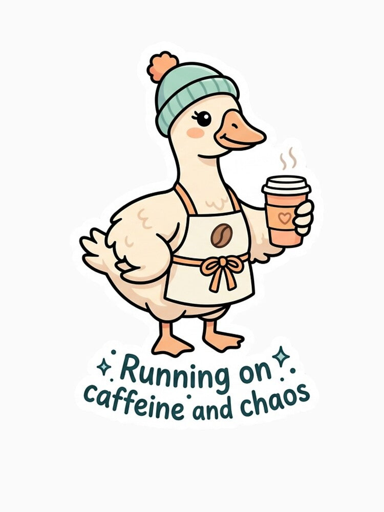 Cute Goose Barista Sticker - Running on Caffeine and Chaos by ItsArtisticLab