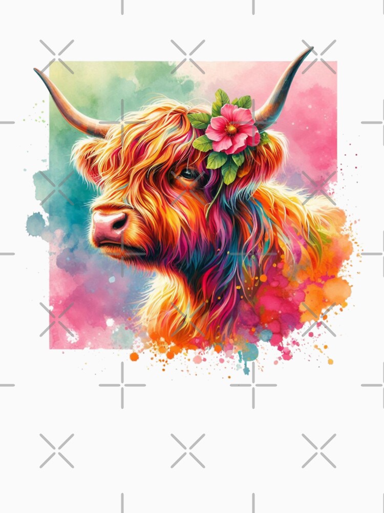 Pretty Scottish Highland Cow with Flower Colorful Watercolor by MaedK