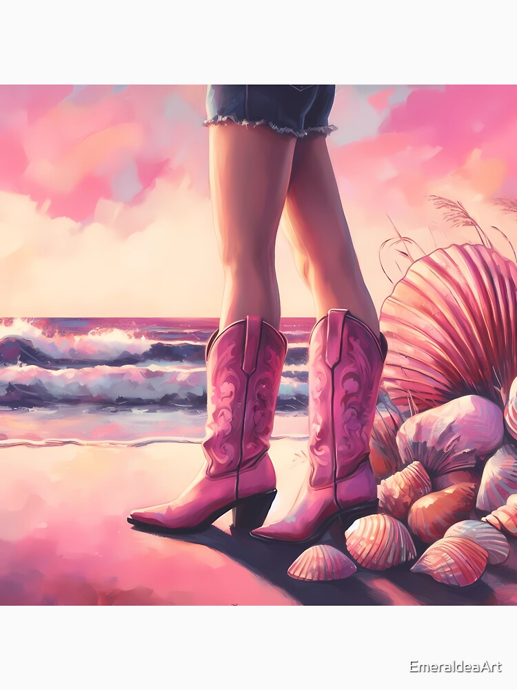 Sands, Shells, and Cowgirl Spells, Ocean Hues with Pink Boots Swells by EmeraldeaArt